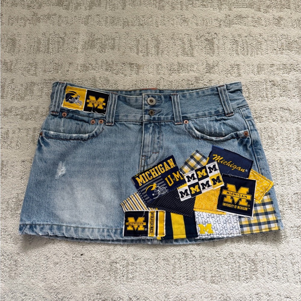 University of Michigan Patchwork Denim Mini Skirt - Blue & Yellow
